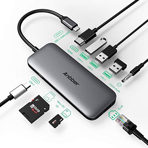 USB C Hub, 9-in-1 USB C Adapter with 4K HDMI, 1Gbps RJ45 Ethernet Port, USB 3.0 Ports, SD/TF Card Reader, 100W PD Charging Port for MacBook/Pro/Air, Type C Windows Laptops