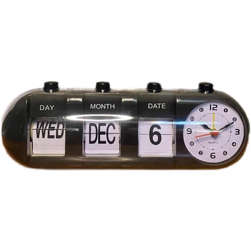 Perpetual Desk Calendar with Clock, Manual Flip Alarm Clock Battery Powered Calendar Alarm Clock Desktop Clock for Study Room Office (Black)