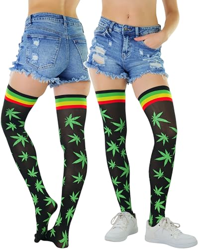 Image of ToBeInStyle Women's Thigh High Stockings Bodystocking Tights Medicinal Cannabis Marijuana Weed Leaf Print Festival Hosiery