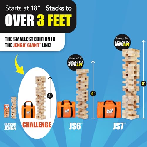 Image of Jenga Giant Challenge, Stacking Game with Tournament Chart & Travel Bag, Party Game for Kids & Adults, Stacks to 3 Feet