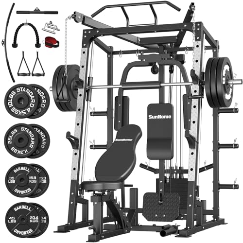 SunHome Smith Machine, Power Cage Squat Rack with Smith Bar, LAT Pull-Down Systems, Cable Crossover...