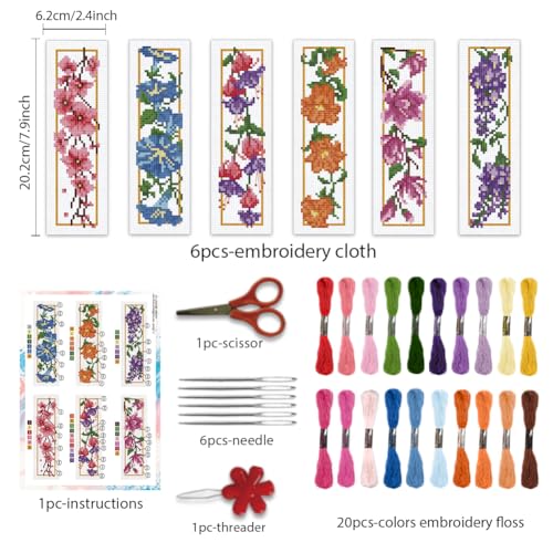 Image of BEUNITONE 6 Pcs Flower Cross Stitch Bookmarks Kit for Adults Beginner DIY Stamped Embroidery Bookmark Kit with Instructions Cute Stamped Embroidery Bookmark for Book Lovers Handmade Gift 8''x2.4''