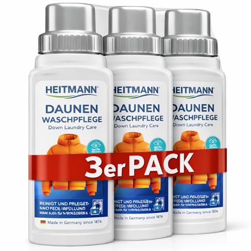 Heitmann Daunen Wäsche: reinigt und pflegt Textilien mit Daunenfüllung ideal für die schonende Reinigung von Daunen-Jacken Federkissen Federbetten 250ml 3er Pack