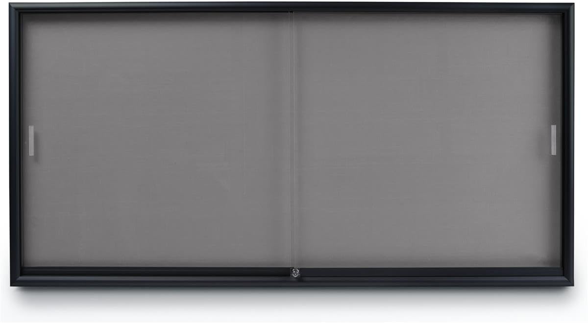 Displays2go, 72" w x 36" h Aluminum Bulletin Board with Gray Fabric Backer, Wall Mounted, Sliding Glass Doors, Black Surround (ENFB63BKSV)