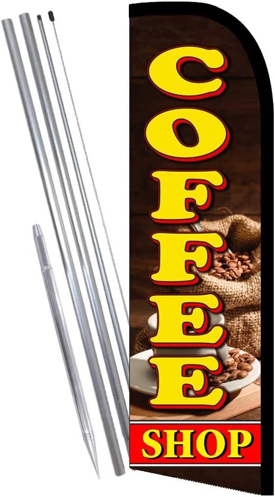 Coffee Shop (Brown/Yellow) Windless Feather Banner Flag Kit (Flag, Pole, & Ground Mt)