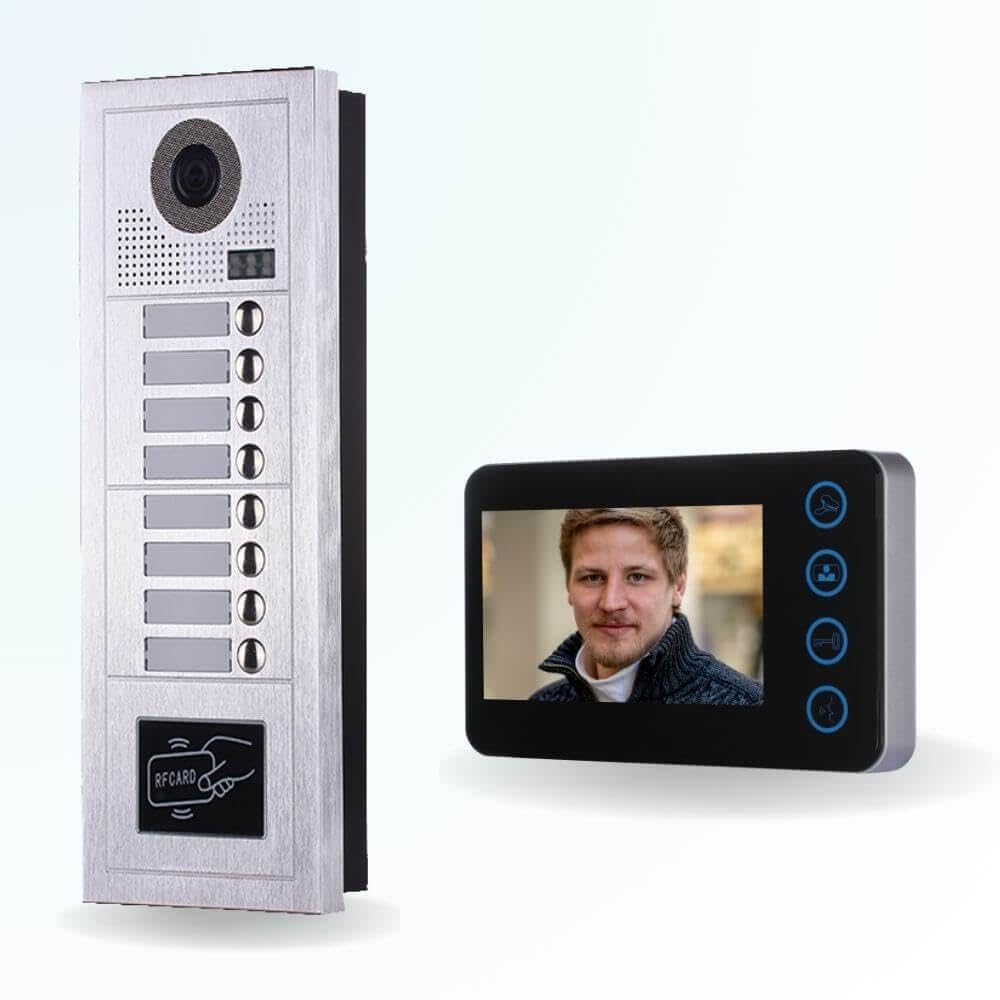 Portier interphone vidéo Modern 2 Fils - 8 Appartements - 8 écrans Noirs - avec Lecteur de Badge