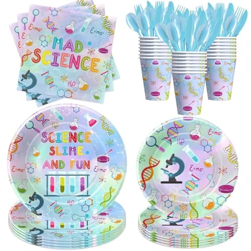 YJRJSC Science Party Decorations Supplies Tableware - Little Mad Scientist Theme Science Birthday Party Supplies, Paper Plates, Cups, Napkins, Disposable Fork | Serves 24