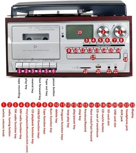 Giradischi Bluetooth, giradischi in vinile a 3 velocità con altoparlanti integrati, lettore CD e cassette, copertura antipolvere per audio domestico