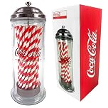 Kimm & Miller Coca Cola Glass Straw Holder & Dispenser - Official Coca Cola Gifts, Merchandise & Retro Kitchen Accessories - with 50 Striped Paper Drinking Straws