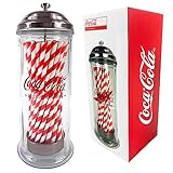 Kimm & Miller Coca Cola Glass Straw Holder & Dispenser - Official Coca Cola Gifts, Merchandise & Retro Kitchen Accessories - with 50 Striped Paper Drinking Straws