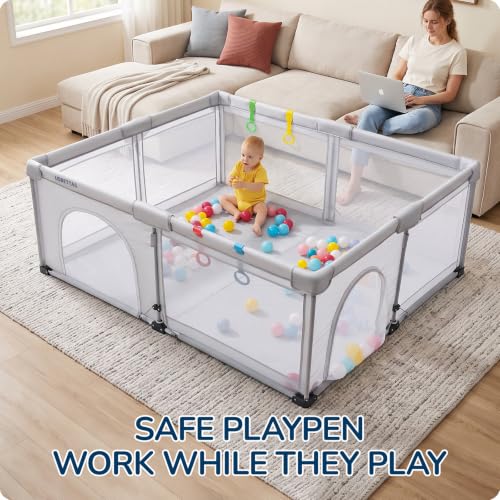 Image of Foldable Baby Playpen, 59 inchx71 inch, Light Gray