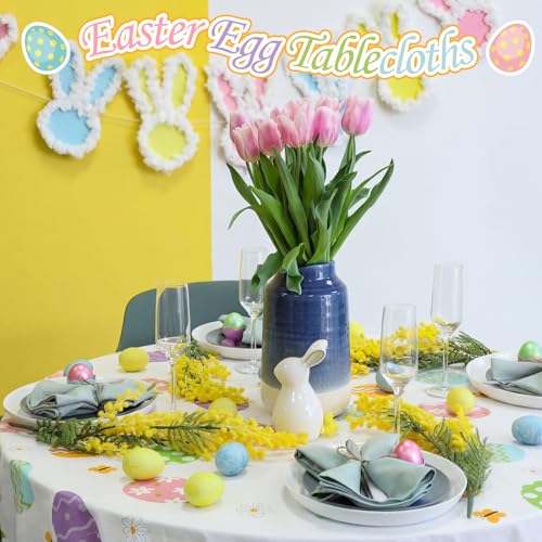 Image of Hahafelt 6 Pcs Spring Easter Plastic Round Tablecloth 84 Inch Colorful Egg Disposable Table Cover Pastel Bunny Flower Watercolor Egg Circular Table Cloth for Spring Easter Birthday Party Decoration