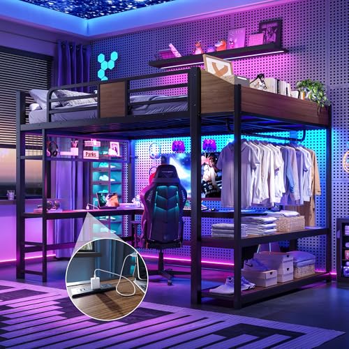 Image of Bellemave Queen Size Metal Loft Bed with L-Shaped Desk, LED Lights & Charging Station, Heavy Duty Loft Bed Frame with Hanging Rod and Storage Shelves for Kids, Teens & Adults, Space Saving,Black
