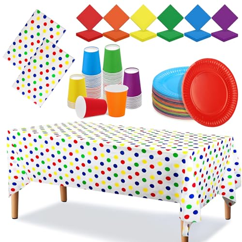 180 Pack Pieces Rainbow Party Tableware -Tablecloth, Colorfu