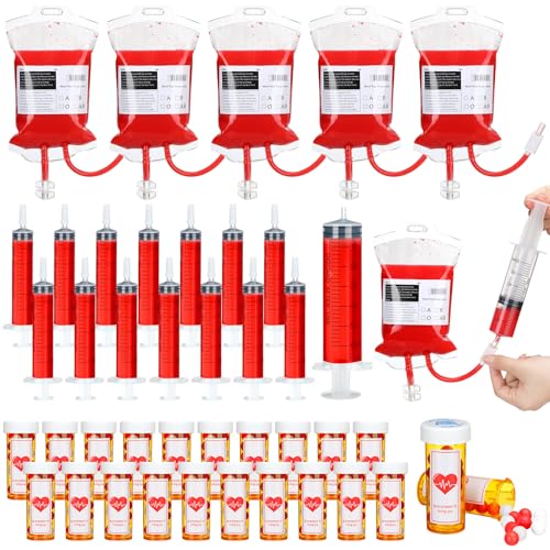 WinnerWhy 60 Pcs Nursing Graduation Party Supplies 5 Iv Blood Bags for Drinks 15 Plastic Syringes 20 Empty Pill Bottles with Caps 20 Sticky Labels Nurse Party Favors Bsn Rn Lpn Graduation Decoration