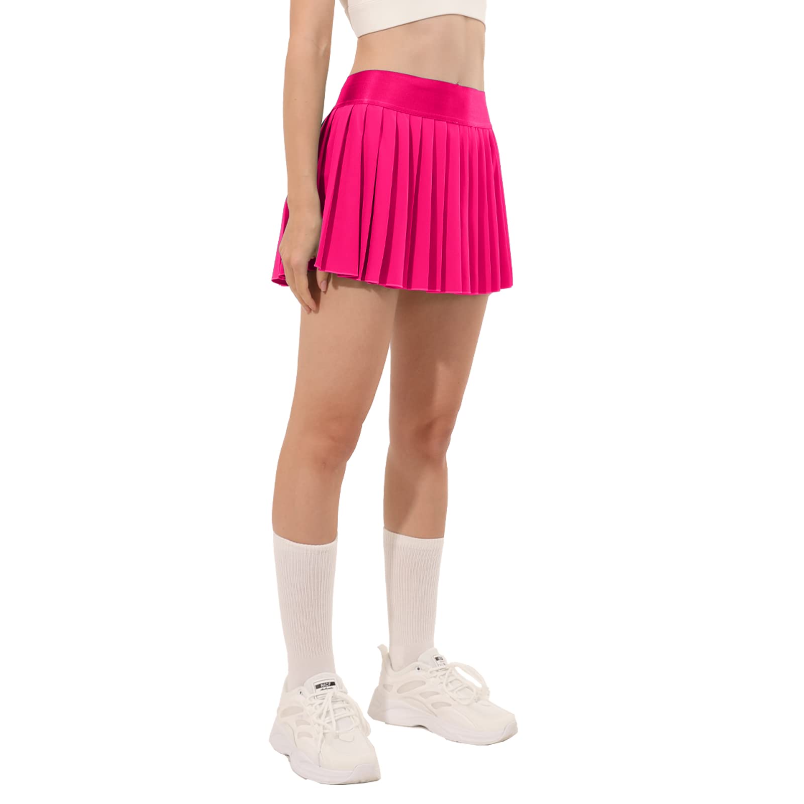 Falda de tenis plisada para mujer, pantalones cortos integrados, faldas atléticas de cintura alta, con bolsillos, holgada, casual, Rosa encendido, Large