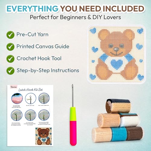 Image of Darice Latch Hook Rug Kit, Blue Bear Design DIY Latch Hook Kit for Kids & Adults, Color Canvas, PreCut Yarn & Hook Tool, Craft Activity & Gift for Kids