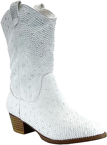 Forever Girls/Kids Rhinestone Western Cowgirl Cowboy Pointed Toe Low Heel Boots3