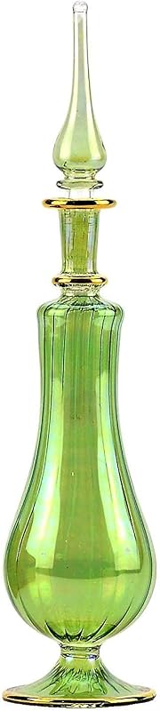 NileCart Egyptian Perfume Bottle with Glass Applicator Stopper, Green Glass with Gold Accents, 9.5 in. Total Height, 100 ml Capacity, Handmade Decorative Bottle for Essential Oils (Green)