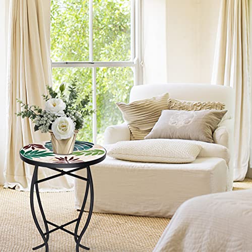 Vcuteka Mosaic Side Table, 21" Round End Table With 14" Ceramic Tile Top, Patio Accent Table Indoor And Outdoor End Table For Yard, Garden, Living Room, Bistro Balcony Or Lawn Leaf #TOP1