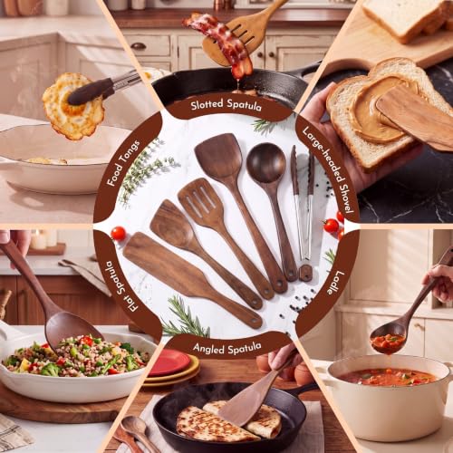 Image of 6 Pcs Walnut Wooden Kitchen Utensil Cooking Utensils Set with Food Tongs Flat Spatula Angled Spade Slotted Turner Sourdough Spatula Soup Spoon Heat Resistant for Nonstick Cooking Stirring Serving Home