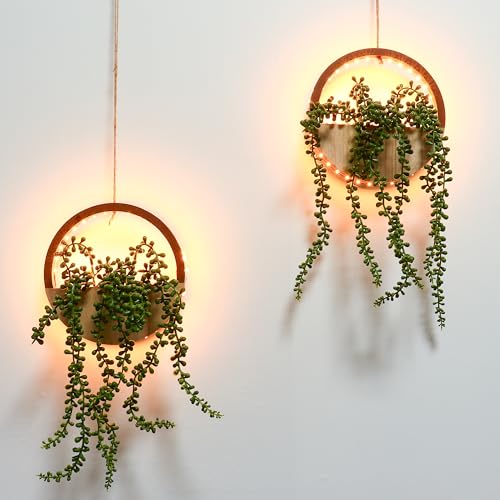 2pcs Artificial Hanging Plants with Lights Fake Succulents Plant with Strings in Pot Boho Wall Decor Fake String of Pearls with Lanyard for Living Room Bathroom Boho Wall Decor (Wood Color)