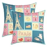 Enfants Tour Eiffel Taies d'oreiller 55x55cm Doux Paris Pâtisseries Taie Oreiller Décoration de la chambre Romantique Décoratif Lot De 2 Housses de coussin Chèque ébullition Housse Coussin