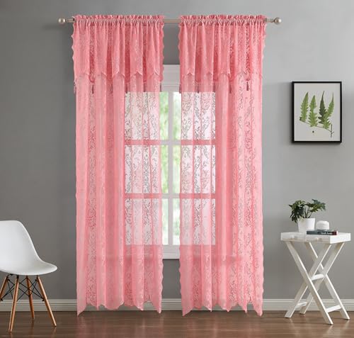 LinenZone Pair of 2 Lace Curtain Panels with Attached Valance