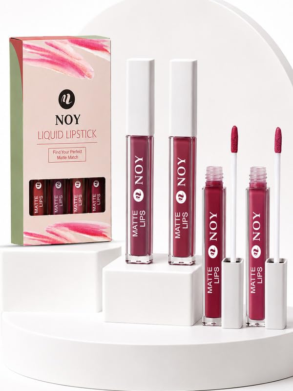 Image of Noy Liquid Lipstick Set Bold Matte Pigment for a Modern Look - Nude Pink, Mauve Nude, Red Wine, Venetian Red Shades Pack of 4