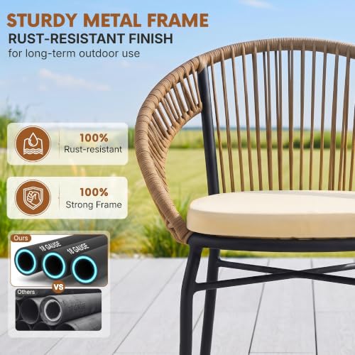 Image of DEVOKO Bliss 3 Piece Outdoor Patio Rope Conversation Set with Glass Top Table (Beige /Cream), Powder-Coated Metal Frame & Water-Resistant Cushions for Balcony, Garden, Terrace