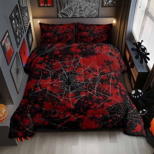 3D Spider Web Quilt Set Queen Size,Red Tie Dye Black Comforter Set for Kids Girls Boys Teens Room Decor,Halloween Style Animals Bedding Set Western Horror Festival Duvet Insert,2 Pillowcases by Castle Fairy - Used condition - US$54.14