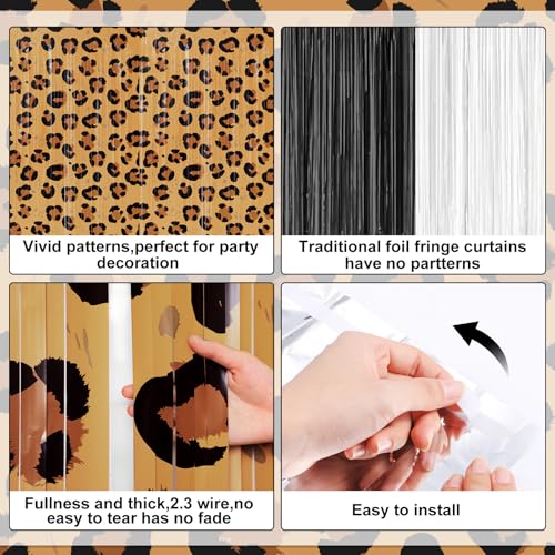 Image of WovWeave 2 Pack Cheetah Print Foil Fringe Curtains Birthday Decorations 3.3 x 6.6 ft Leopard Tinsel Backdrop for Birthday Jungle Safari Bachelorette Party Photo Booth Decorations