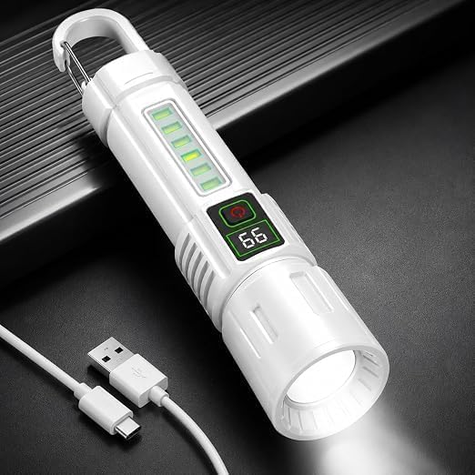 CRENTROVA Rechargeable LED Flashlight with Side COB Work Light, Digital Battery Display, High/Low Beam, Flash & Red Blue Emergency Strobe, Hanging Hook Torch for Camping, Hiking, Car Repair-image-8