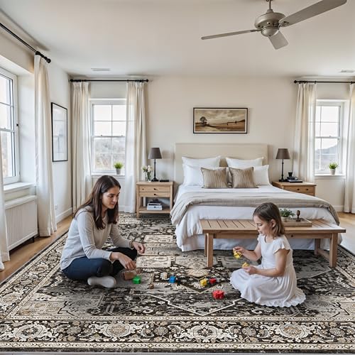 Living Room 12x12 Area Rug - Large Washable Area Rugs with Non Slip Backing Stain Resistant Carpet Indoor Soft Carpets Distressed Decoration Mat for Bedroom Dining Room 12x12 Black