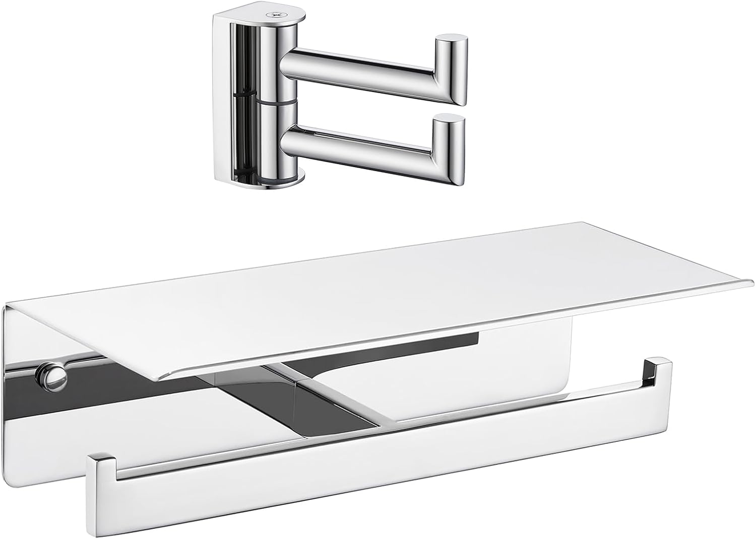 Angle Simple Swivel Robe Hook Bundle with Double Toilet Paper Holder with Shelf (Polished Chrome)