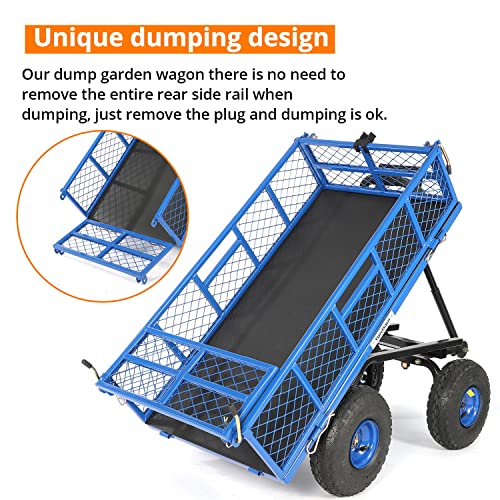 Yardsam Heavy Duty Steel Dump Garden Cart, Outdoor Utility Dump Lawn Yard Wagon 400Lbs Capacity With Liner, Steel Frame Gardening Cart With Removable Sides And 10 Inch Pneumatic Wheels - Blue #TOP1