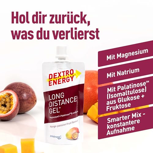Dextro Energy Long Distance Gel Mango Passionfruit + Magnesium und Natrium - 12x50ml (12er Pack) - High Carb Energy Gel mit Palatinose und Elektrolyte