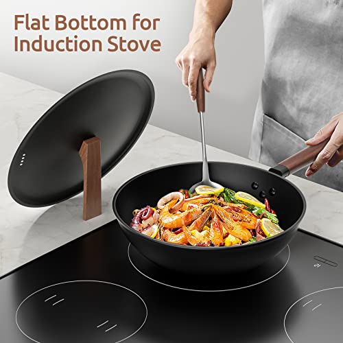 image for Todlabe Carbon Steel Wok, 13-Inch, Pre-Seasoned, Non-Stick, with Lid a