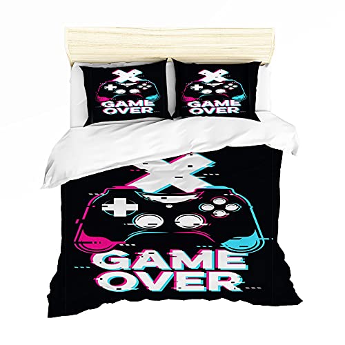 Ensemble de Literie Game Over Blue Graffiti Splashing Gamepad Housse de Couette Cartoon Game Console Boutons de Commande Boy Girl Teen Bedcover avec Taie d'oreiller (Noir, 220 x 240 cm)