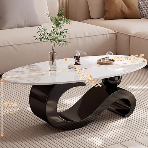 Duży owalny stolik kawowy z blatem z płyty skalnej, Mid Century Modern Asymetryczny design S Base Steel Frame Low Side Table for Living Room Bedroom Office Decor