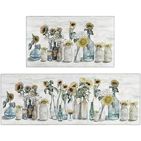 Xsinufn Sunflower Farmhouse Kitchen Rugs Set of 2,Colorful Spring Summer Flowers Kitchen Rugs and Mats Non Skid Washable,Farmhouse Kitchen Runner Rugs with Rubber Backing (17"x48"+17"x30") Cover