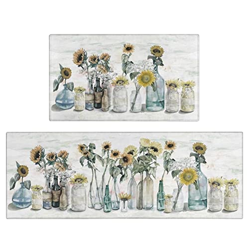 Xsinufn Sunflower Farmhouse Kitchen Rugs Set of 2,Colorful Spring Summer Flowers Kitchen Rugs and Mats Non Skid Washable,Farmhouse Kitchen Runner Rugs with Rubber Backing (17