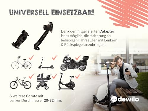 dewilo Handyhalterung - Geeignet für Fahrrad, Motorrad, Moped, E-Scooter, Fahrradergometer - Smartphone Halterung Fahrrad für 4,5-7,2 Zoll - Schwarz