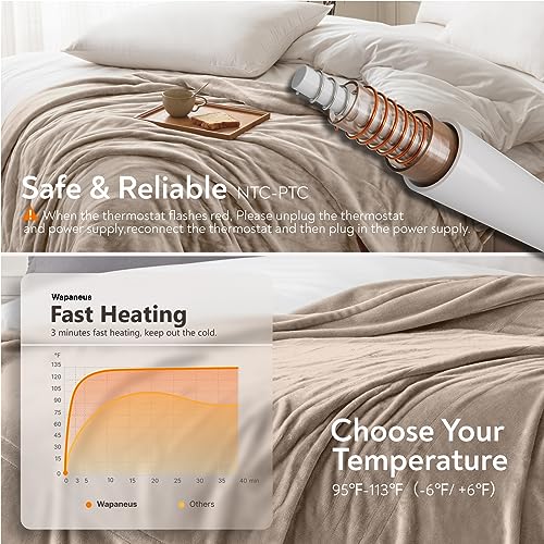 Image of Wapaneus Foot Pocket Heated Blanket Electric Throw with 10 Heating Levels and 4 Timer Settings 4 Hours Auto Shut Off, Flannel Fast-Heating Heated Throw 50 inch x 60 inch, Machine Washable, Mushroom