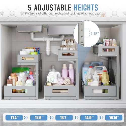 Image of 1 Pack-11.4 inch-16.14 inch H Under Sink Storage Organizer, Large 2-Tier Elegant Mesh Pull Out Shelf for Kitchen & Bathroom Cabinet Organization, L-Shaped, Adjustable Height-Gun Gray