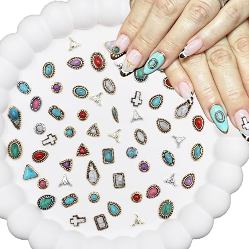 60pcs Western Nail Charms Cowboy Nail Art Charms and Gems 3D Vintage Turquoise DIY Retro Blue Green Gemstone Country Nail Accessories for Women Manicure & Craft Decor