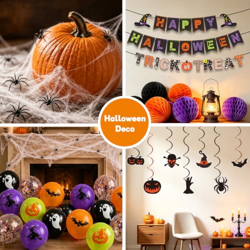 PWFNEW 46Pcs Halloween Party Decorations Set with Banners Balloons & Bats | 32 bat stickers with glue dots, 12 double-sided swirls and paper pom poms for indoor and outdoor party displays - image 8