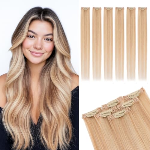 MY LADY Extensiones de Pelo Natural Clip 6 Piezas 25cm Liso Highlight Hair Extenison Human Hair Para Mechas #18P613 Rubio Ceniza/Rubio 31g