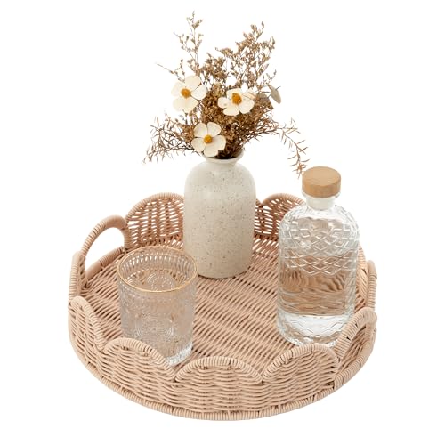 GRANNY SAYS Wicker Decorative Scalloped Trays for Home Decor Coffee Table Trays with Handles Woven Rattan Tray for Kitchen Counter Round Serving Tray Decor for Living Room and Ottoman