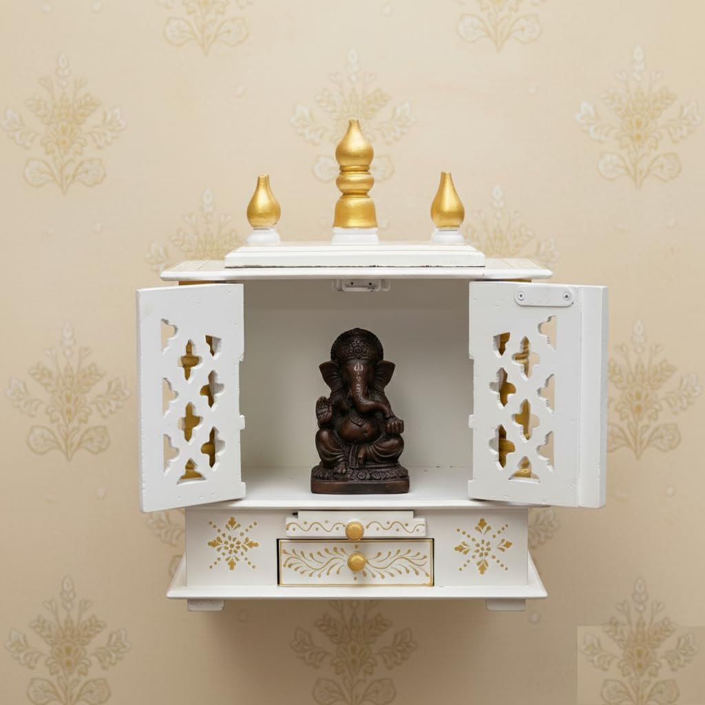 Handmade Wooden Temple Mandir in White & Gold, Hand-Painted with Carved Panels; Perfect Decorative Pooja Shrine for Home or Office, 30x15x40 cm